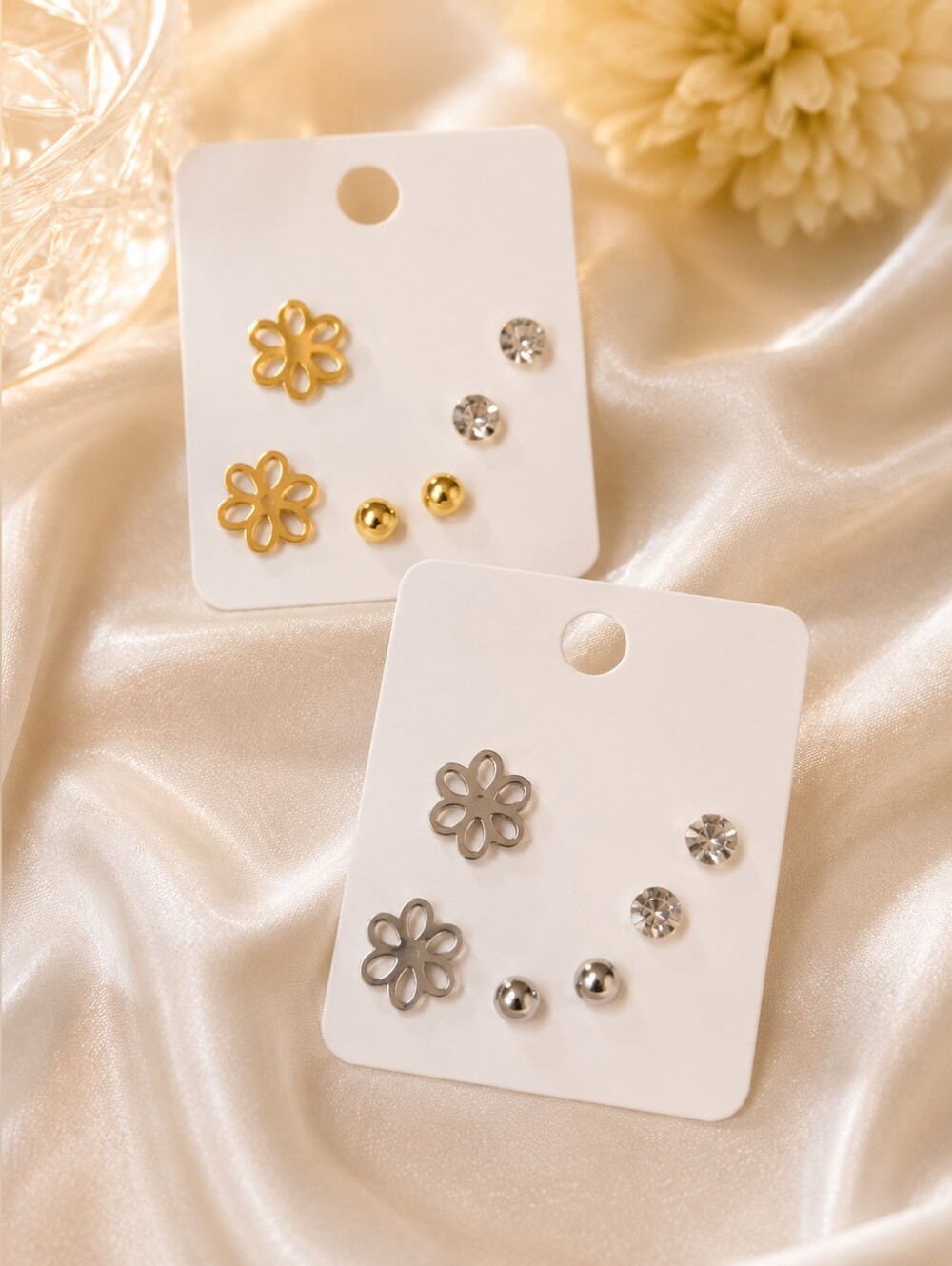 Charlotte Stainless Steel 316L Stud Earring Set | Gold Tone & Silver Tone Floral